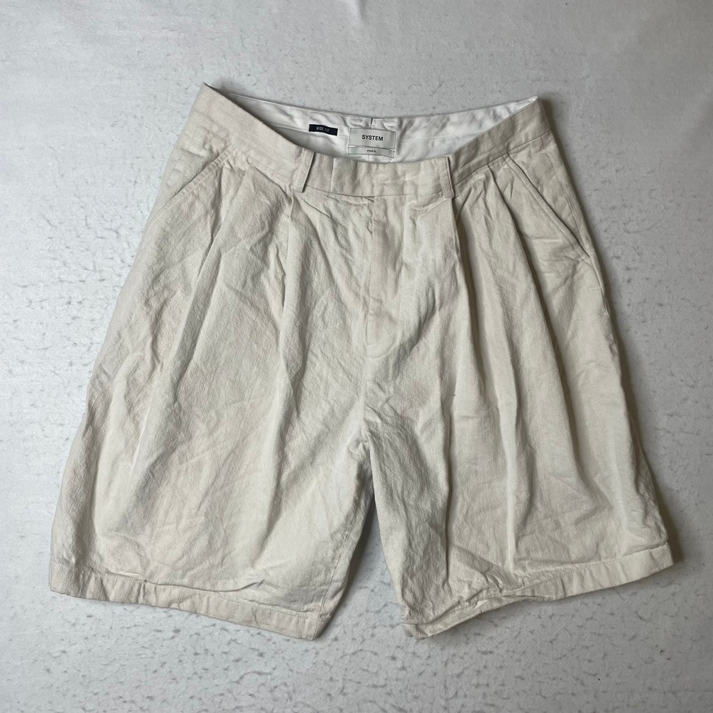 SYSTEM Paris Wide Fit Pleated Linen Blend Shorts Beige Size 52 Euro‎